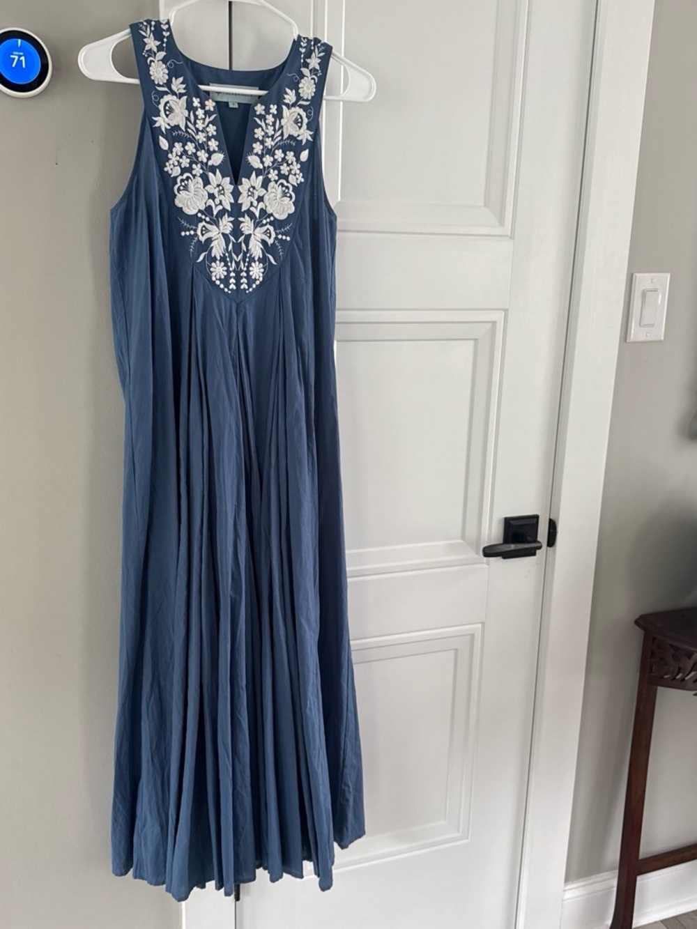 Tuckernuck Sleeveless Blue Maxi Dress with White Floral Embroidery Small